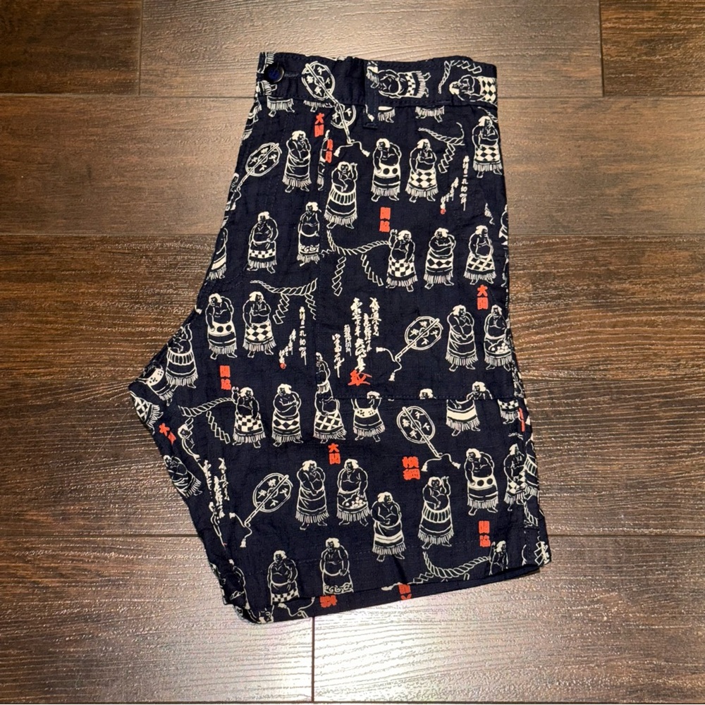 Naked & Famous Slim Chino 8” Shorts Sumo All Over Print Mens Size S Navy Blue